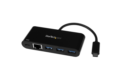 StarTech.com 3 Port USB-C Hub with Gigabit Ethernet & 60W Power Delivery Passthrough Laptop Charging - USB-C to 3x USB-A (USB 3.0 SuperSpeed 5Gbps) - USB 3.1/3.2 Gen 1 Type-C Adapter Hub~3 Port USB-C Hub with Gigabit Ethernet & 60W Power Delivery Passthro