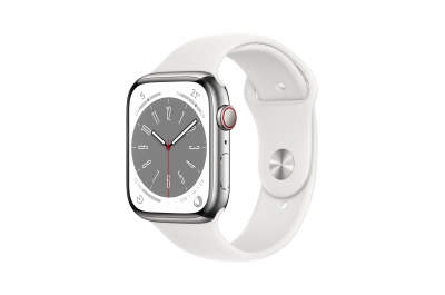 APPLE Watch Series 8 GPS + Cellular 45mm Silver Stainless Steel Case with White Sport Band Regular